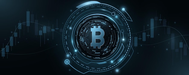 Bitcoin cryptocurrency with HUD elements. Candlestick pattern. Digital coin BTC for business banner or presentation. Futuristic technology concept. Blockchain for graphic design. Vector
