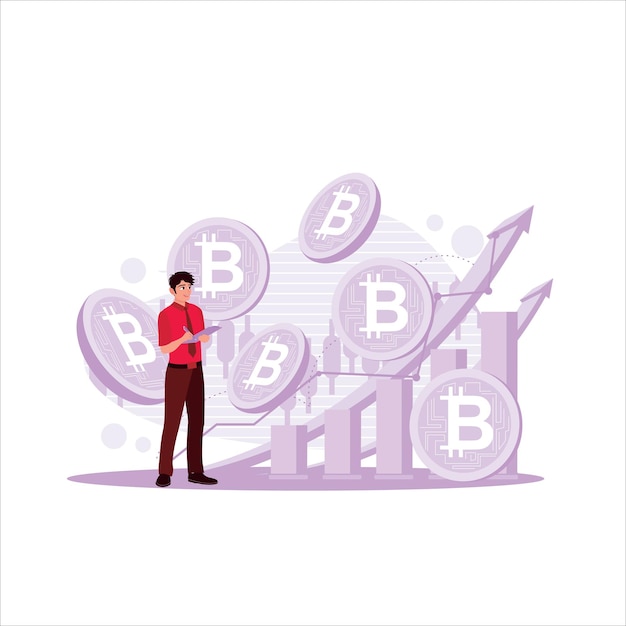bitcoin hovers above the chart in front of a stock trader investment money