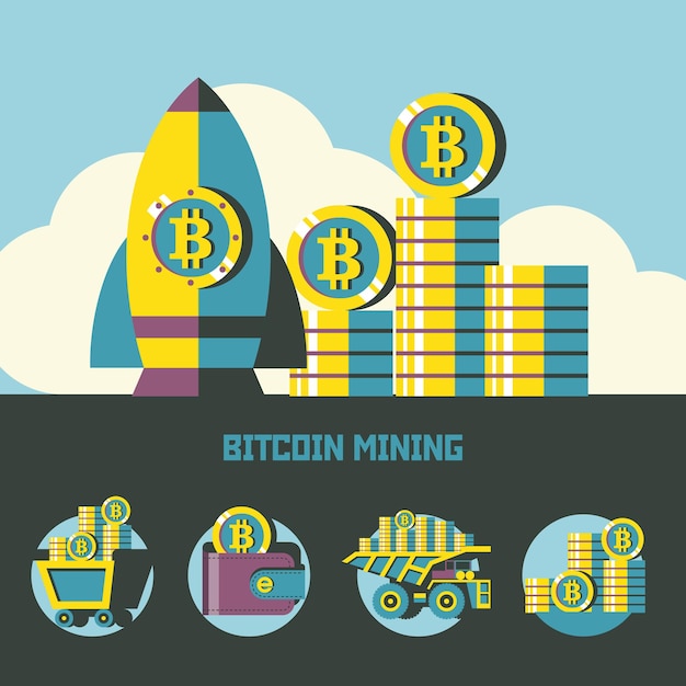 Bitcoin mining. Conceptual illustration. Bitcoin mining icons. Vector clipart.