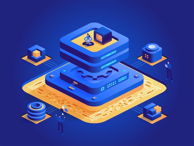 Bitcoin mining isometric concept People work digital money mining farm