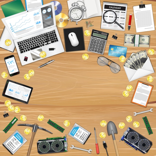 bitcoin mining workplace with object and tools