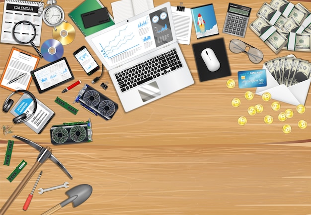 bitcoin mining workplace with object and tools