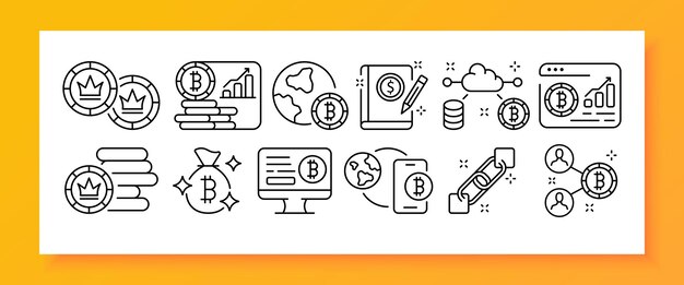 Bitcoin set icon Financial management exchange online internet accounting cloud storage features coin money bag computer blockchain Cryptocurrency concept Vector line icon for Business