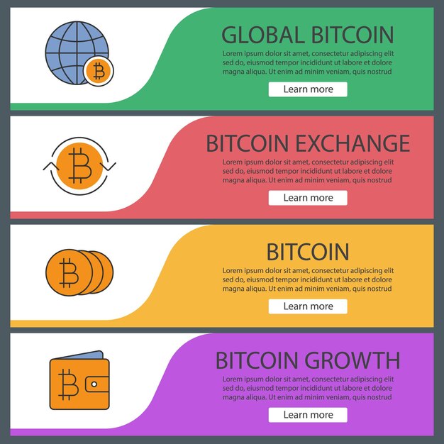 Bitcoin web banner templates set. Global bitcoin, wallet, exchange. Website color menu items. Vector headers design concepts