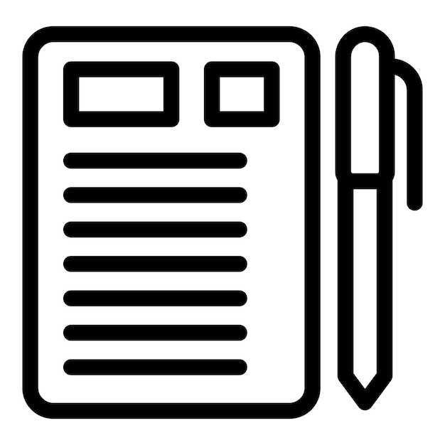 Black and white icon of a pen writing on a document