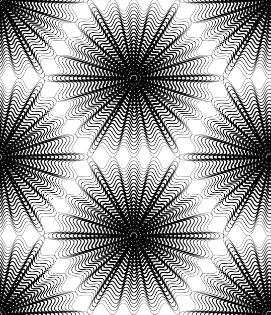 Black and white illusive abstract seamless pattern with geometric figures. Vector symmetric simple backdrop.