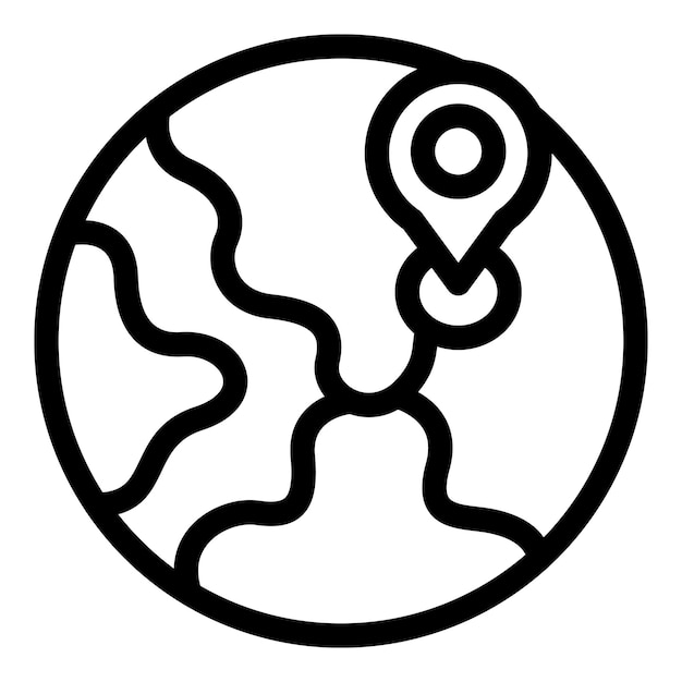 Black and white line drawing of location pin marking a spot on world map icon