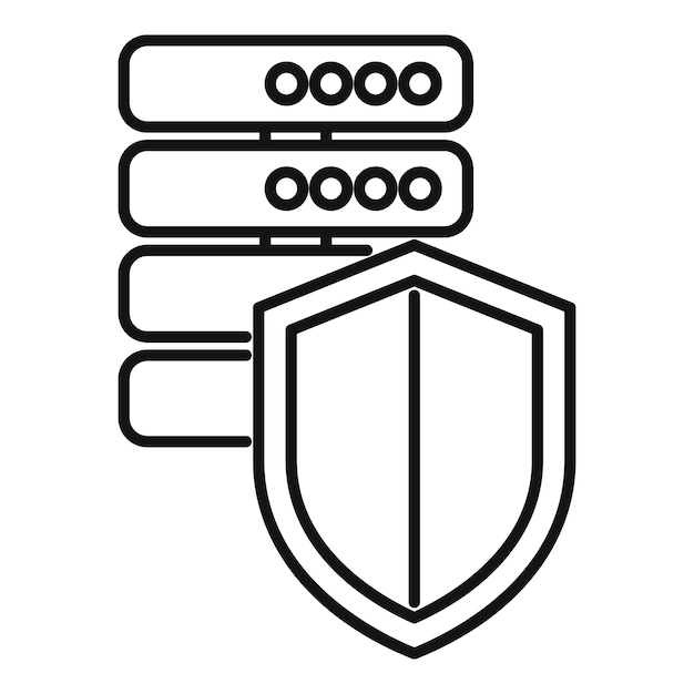black and white vector illustration of server racks with a shield symbol denoting cybersecurity