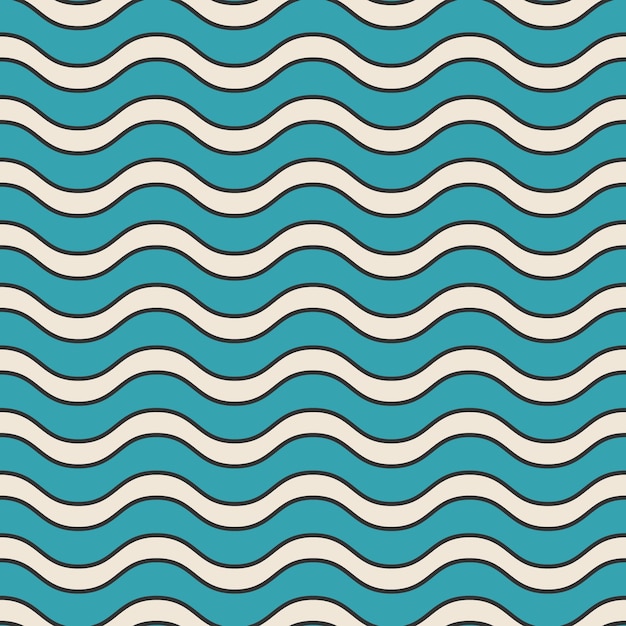 Black and white wavy lines on blue background Simple vector seamless pattern