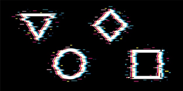 black background with decaying geometric figures on a colored stripe