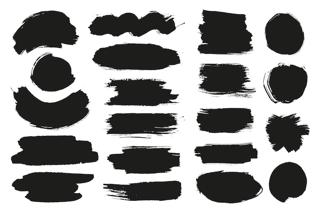 Black ink stains mega set elements in flat graphic design Bundle objects of rough brush stroke patterns and dirty paint blobs with grunge edges in different abstract forms Vector illustration