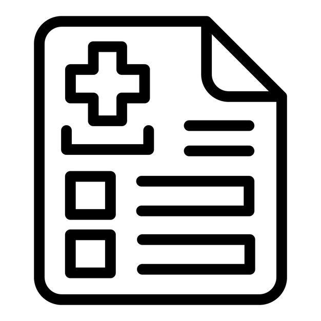 Black line icon of a medical document with a cross symbol