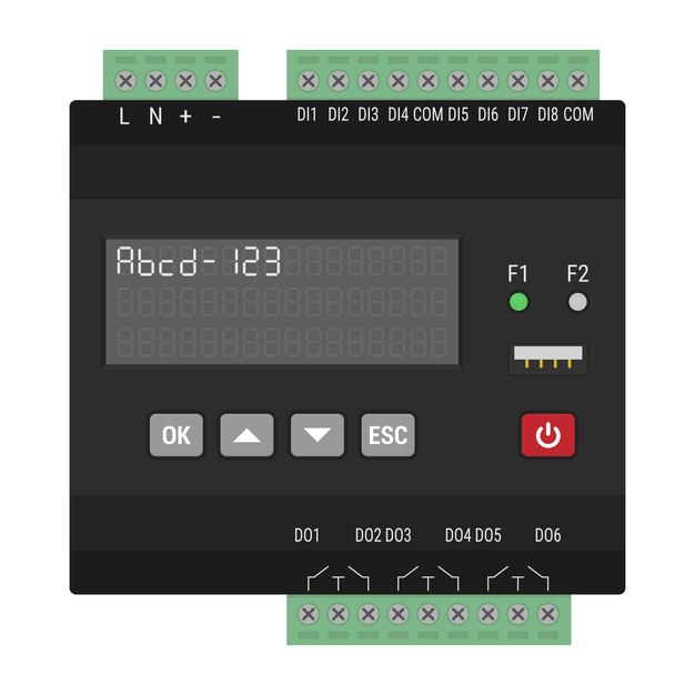 Black programmable logic controller for DIN rail mount