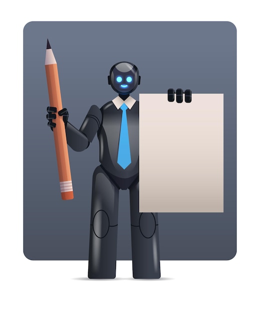 black robot cyborg holding notepad and pencil robotic character artificial intelligence technology 