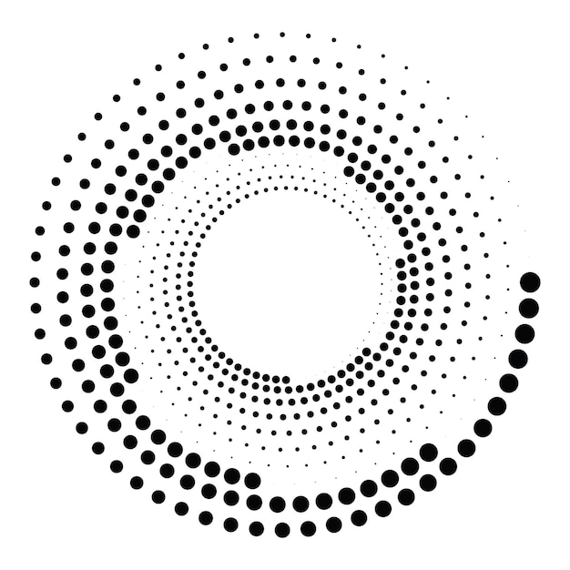 Black round halftone texture Dotted radial swirl or tornado shape Gradient circle Pop art retro style