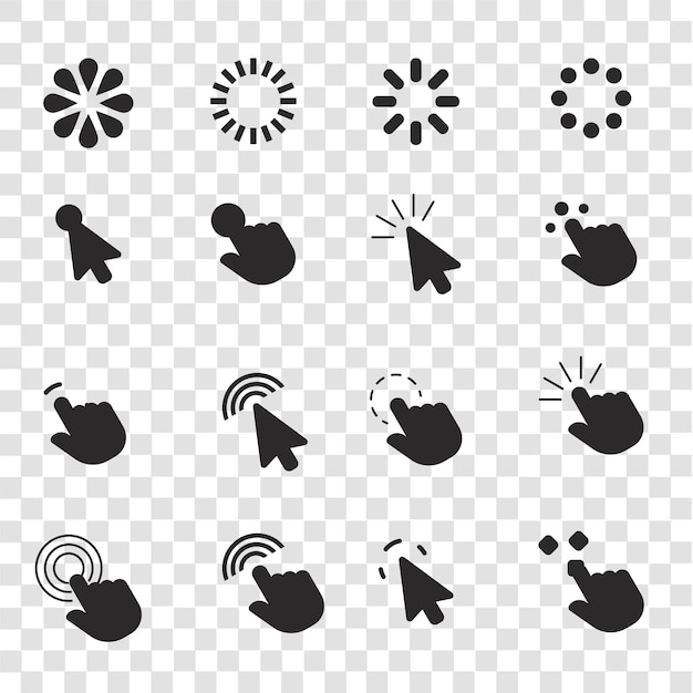 Black Silhouette of mouse click pointer isolated on transparent grid