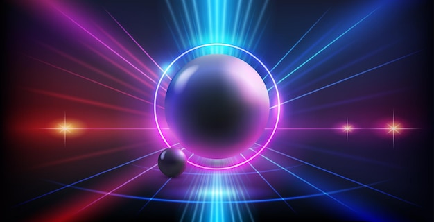 Black sphere on abstract red and blue neon background with bright ray halo