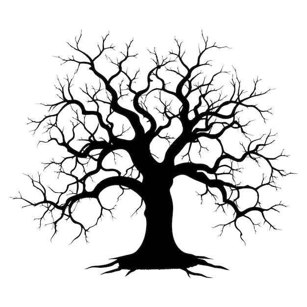 Black vector silhouette of spooky tree with raven sitting on its branch isolated on white background