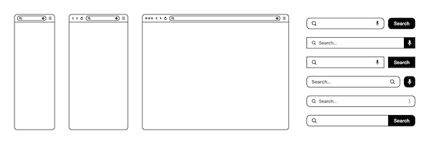 Blank web browser internet page window with toolbar and search bar field Modern website in flat style line art Browser mockup for computer tablet and smartphone Vector illustration