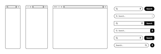 Blank web browser internet page window with toolbar and search bar field Modern website in flat style line art Browser mockup for computer tablet and smartphone Vector illustration