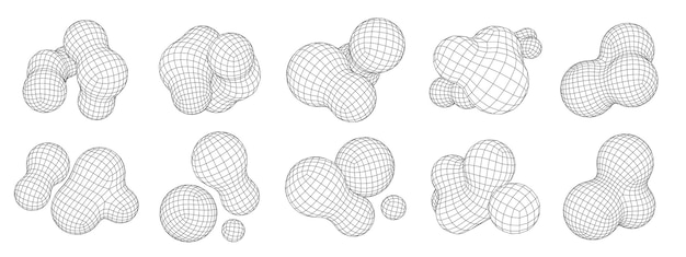 Blob 3D wireframe shapes Polygonal organic objects fluid digital sphere clusters mesh forms and futuristic abstract molecular structures Geometric blobs vector set with editable stroke path
