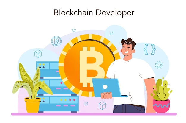 Blockchain developer. Blockchain-based applications building and implementing for businesses. Cryptocurrency mining technology. Modern virtual currency transaction. Flat vector illustration