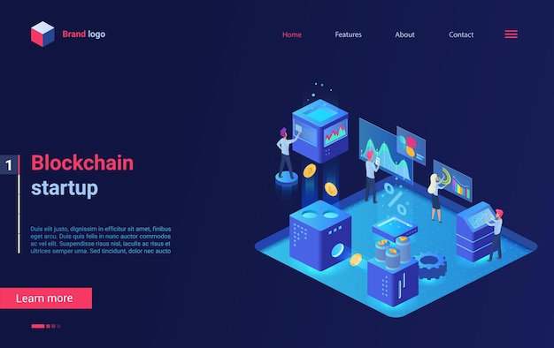 Blockchain-kryptovaluutan startup-teknologian isometrinen aloitussivu