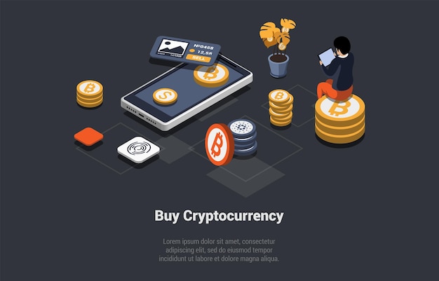 blockchain technology bitcoin altcoins and cryptocurrency investment male character buy sell and investing money with high risk in cryptocurrency use smartphone isometric 3d vector illustration