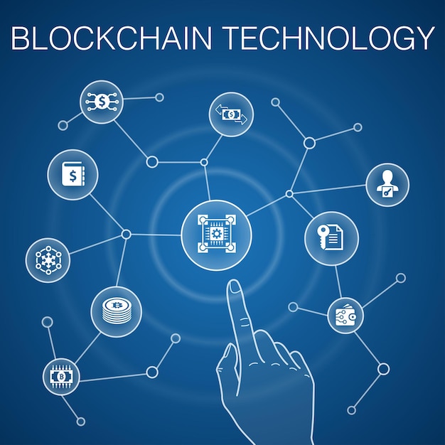 Blockchain technology concept blue background cryptocurrency digital currency smart contract transaction icons