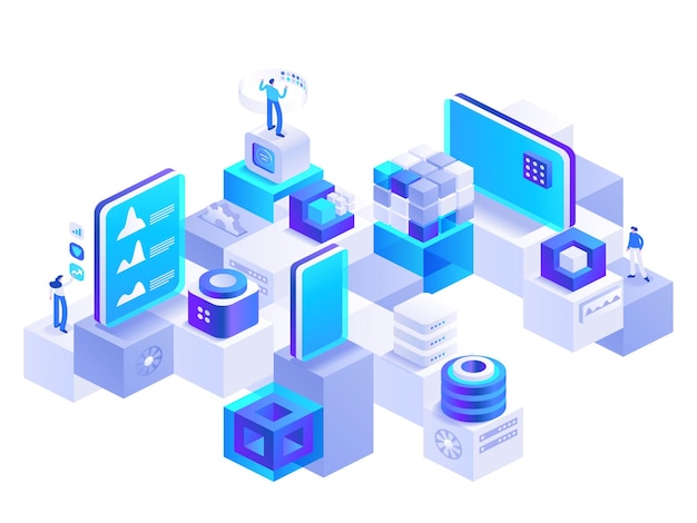 blockchain technology isometric concept cryptocurrency exchange big data processing digital money currency people working on crypto business vector character illustration in isometry design