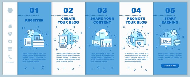 Blogging onboarding mobile web pages vector template SMM Social media business Responsive smartphone website interface idea with linear illustrations Webpage walkthrough step screens concept