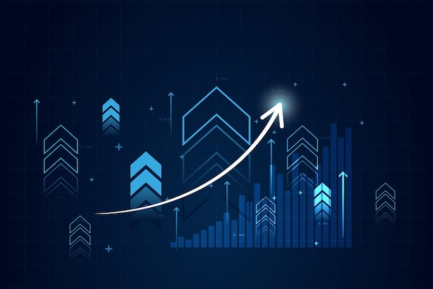 blue abstract financial chart with up trend and arrow line graph in stock market on gradient dark