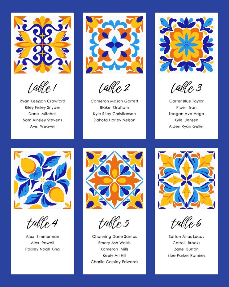 Vektori blue and yelllow tiles summer wedding table cards