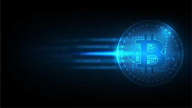 Blue futuristic abstract technology background with Bitcoin and blockchain concept.