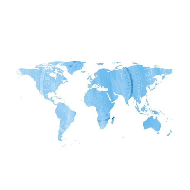Blue grunge world map with round binary code elements abstract background