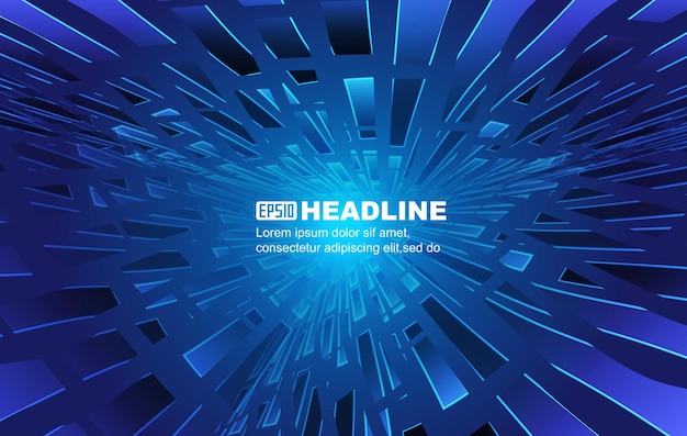 Blue ribbonlike polygons and lines extend vertically against a vector background of future technolo