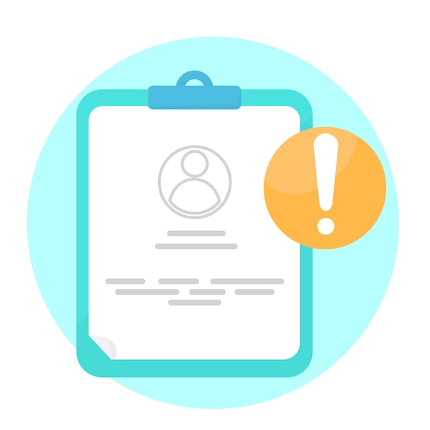 Blue tablet with personal file card patient file customer user and exclamation mark on orange circle concept illustration flat design vector eps 10 simple and modern graphic element for app or web ui