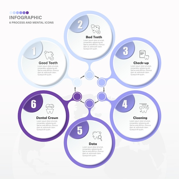 Blue tone circle infographic template with 6 steps and mental icons process
