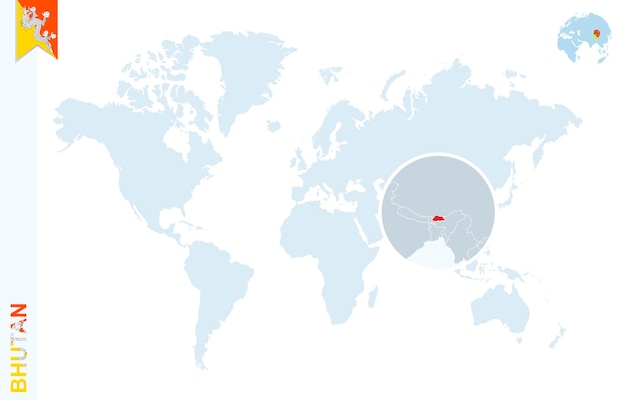 Blue world map with magnifying on Bhutan