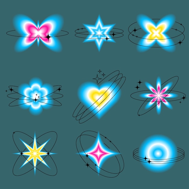 Blurred signs in Y2k style with linear shapes orbits and stars Set of gradient blurred backgrounds