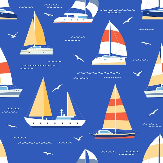 boats seamless pattern. summer marine print with sailboats and yacht on sea. sailing regatta ships travel in blue ocean, flat vector texture. ocean design for wallpaper and wrapping paper