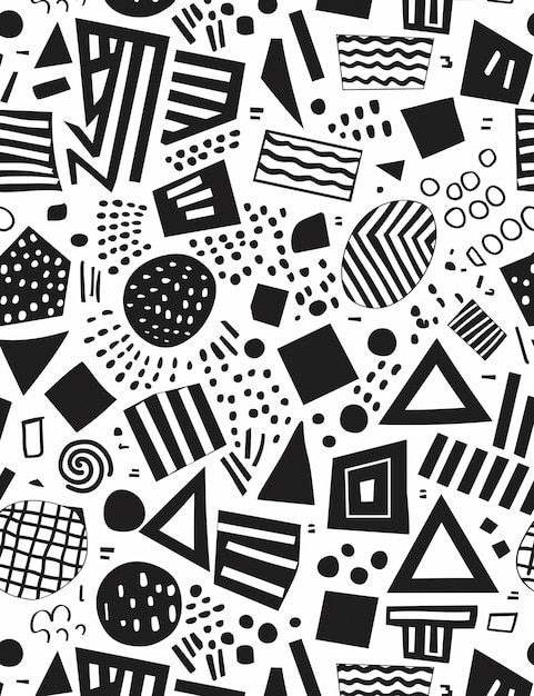 bold black and white memphis pattern with geometric shapes and abstract elements 1980s retro design