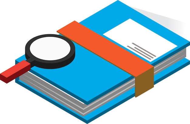 Book and magnifying glass illustration in 3D isometric style