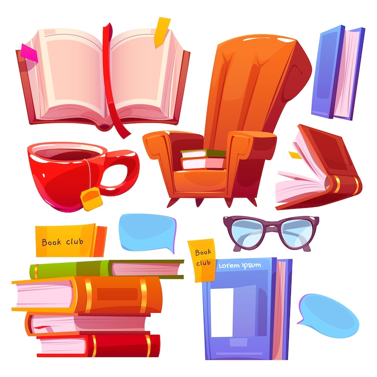 Vektori book club cartoon style elements