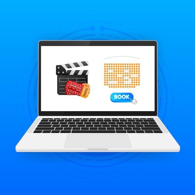 Book Now cinema ticket Laptop with concept of online cinema ticket order Movie theater seats
