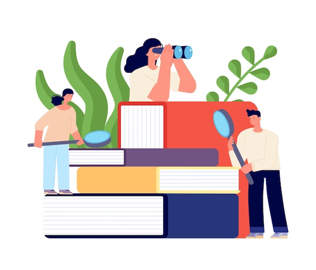 Book readers concept People search info in books student researching process Tiny person with binoculars and magnifying glass and giant journals vector scene