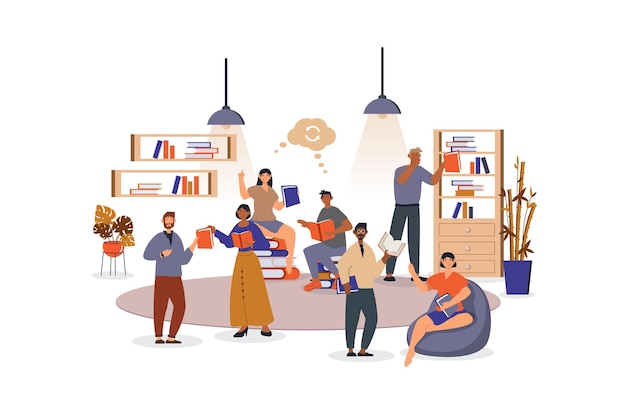 Bookcrossing concept with character scene for web Women and men reading sharing and borrowing books at literature club People situation in flat design Vector illustration for marketing material