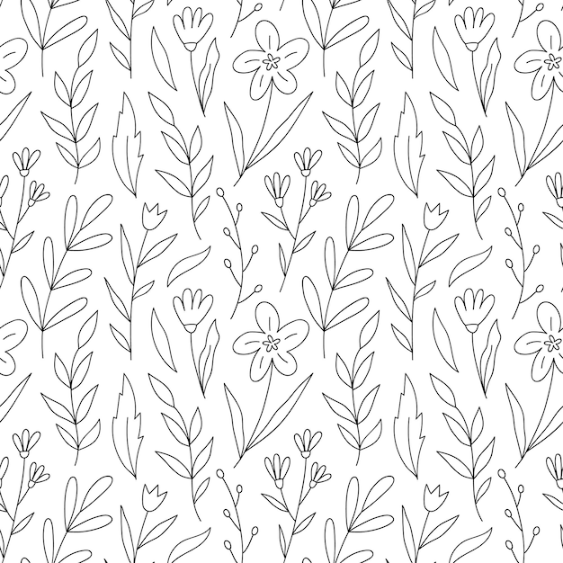 Botanical seamless pattern with flowers leaves and branches Floral background doodle illustration