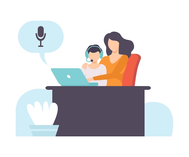 boy and his mother talking online using web camera and headphones distant education courses social networking people communicating via internet vector illustration on white background