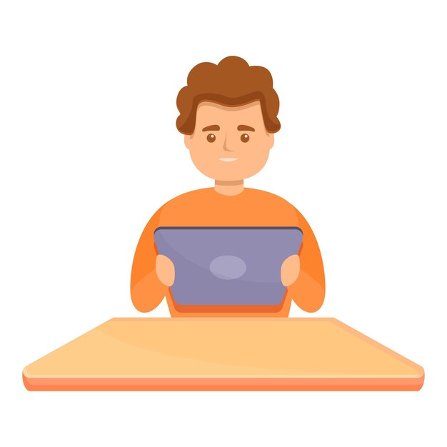 Boy take smart laptop icon Cartoon of boy take smart laptop vector icon for web design isolated on white background